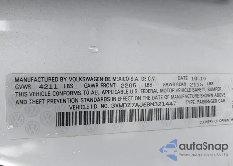 2011 Volkswagen Jetta 2.5L Se from USA, damaged, VIN 3VWDZ7AJ6BM321447